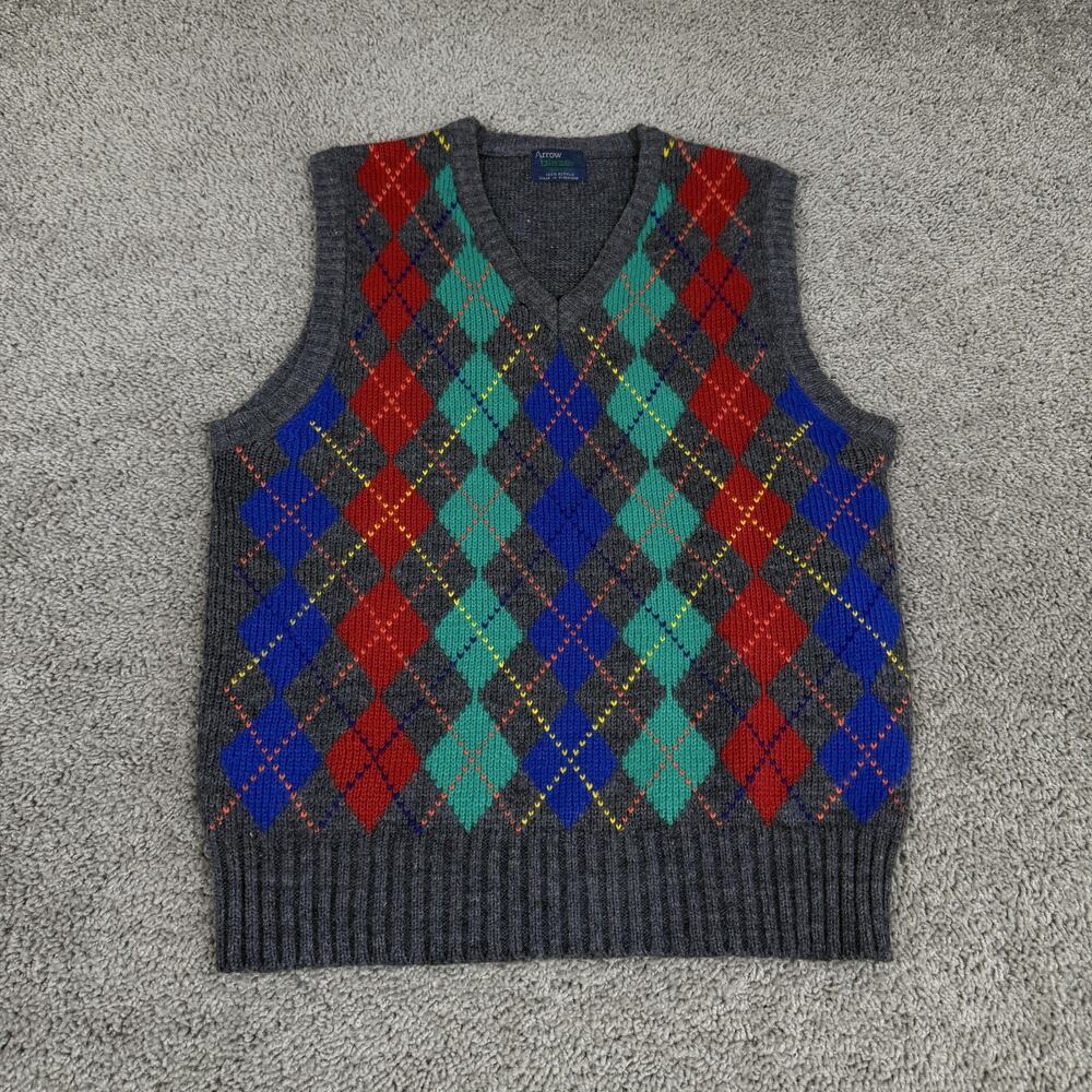 Arrow Sweater Vest Mens Medium Gray Multicolor Argyle Knit V Neck Pullover